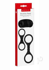 Me You Us Bound to Please Blindfold Cuffs Kit Black packaging with blindfold and black cuffs.