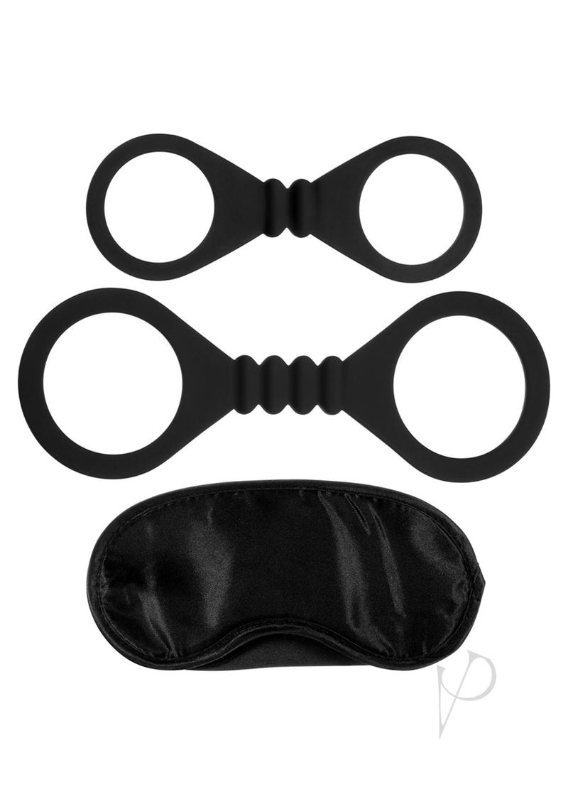Me You Us Bound to Please Blindfold Cuffs Kit Black includes padded blindfold and silicone cuffs for playful restraint.