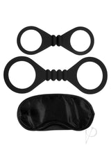 Me You Us Bound to Please Blindfold Cuffs Kit Black includes padded blindfold and silicone cuffs for playful restraint.