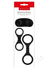 Me You Us Bound to Please Blindfold Cuffs Kit Black packaging with blindfold and silicone cuffs for bondage.