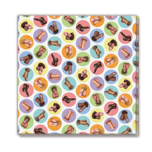 Little Genie Mini Penis Napkins 8 Pack featuring playful prints of comical penises in vibrant colors.