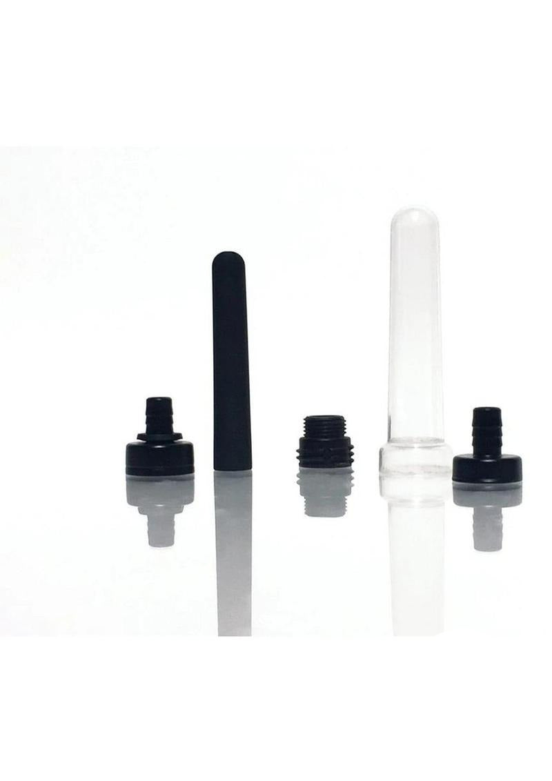 Boneyard The Skwert Silicone Douche Adaptor Kit Set components including black and clear adapters on a reflective surface.