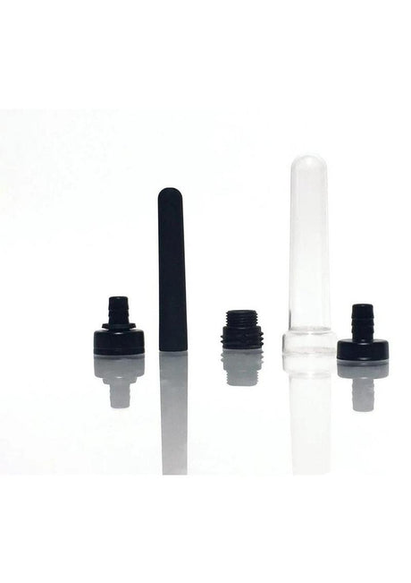 Boneyard The Skwert Silicone Douche Adaptor Kit Set components including black and clear adapters on a reflective surface.
