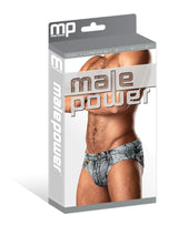 Male Power Dirty Denim Bikini Briefs Blue Large packaging featuring a stylish figure in denim-inspired design.