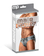 Male Power Dirty Denim Bikini Briefs Blue Large packaging featuring a stylish figure in denim-inspired design.