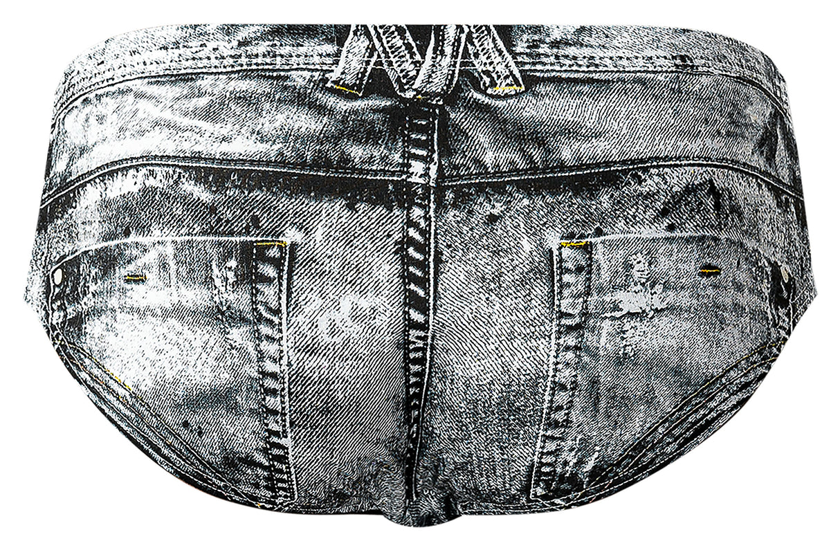 Male Power Dirty Denim Bikini Briefs Blue Large featuring a detailed denim print with faux pockets and belt loops.
