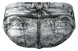 Male Power Dirty Denim Bikini Briefs Blue Large featuring a detailed denim print with faux pockets and belt loops.