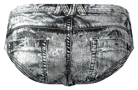 Male Power Dirty Denim Bikini Briefs Blue Large featuring a detailed denim print with faux pockets and belt loops.