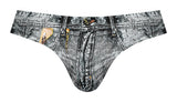 Male Power Dirty Denim Bikini Briefs Blue Small with denim print, faux zipper, and printed pockets.