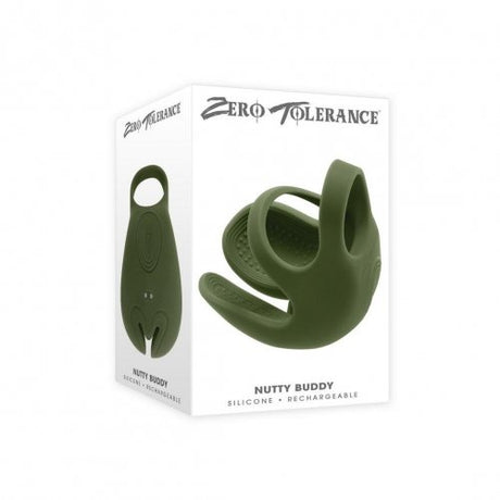 Zero Tolerance Nutty Buddy Vibrating Cock Ring Green packaging showcasing its sleek design and features.
