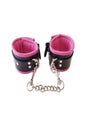 Rouge Padded Leather Adjustable Ankle Cuffs Black and Pink with soft lining and chain for comfort during restraint play.