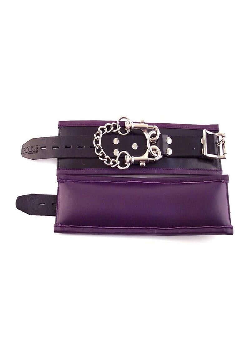 Rouge Padded Leather Adjustable Wrist Cuffs Black and Purple on a white background, showcasing their style and design.