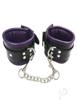 Rouge Padded Leather Adjustable Wrist Cuffs Black and Purple featuring durable leather and soft padded lining.