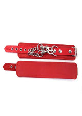 Rouge Plain Leather Adjustable Wrist Cuffs Red featuring a sleek design with metal chain and buckles.