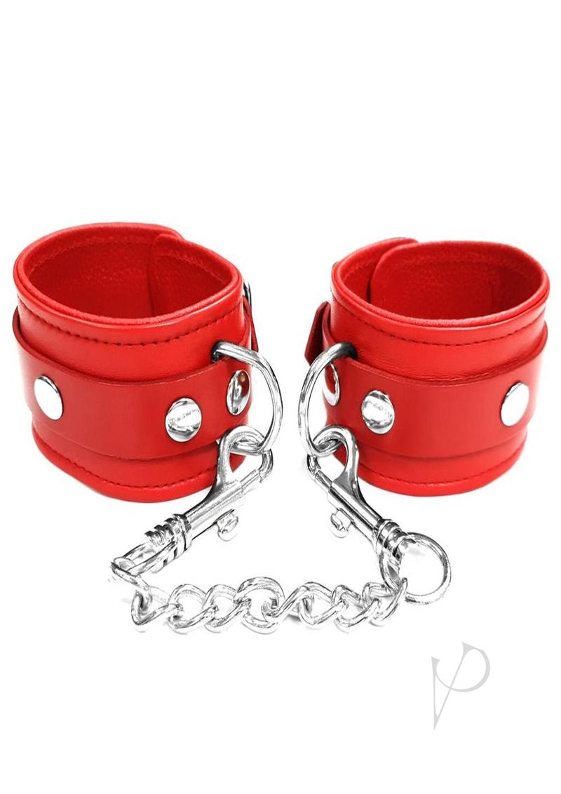 Rouge Plain Leather Adjustable Wrist Cuffs Red featuring soft leather and metal chain for bondage play.