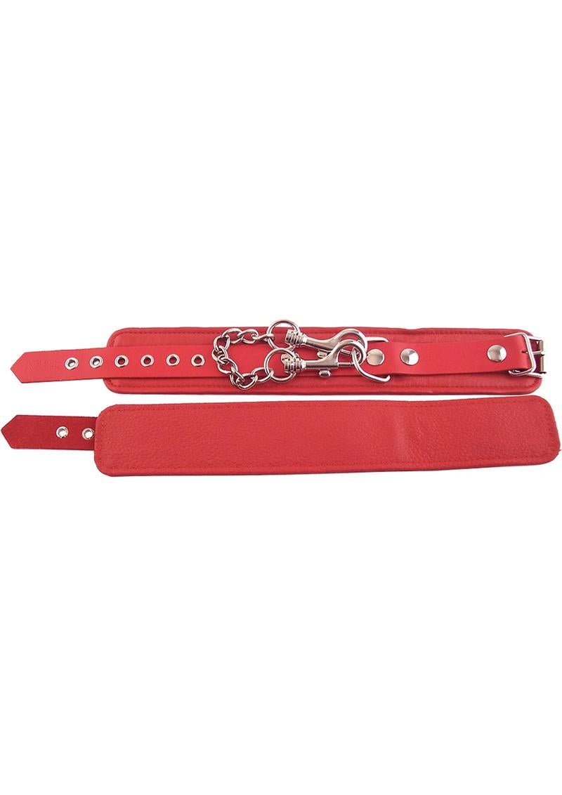 Rouge Plain Leather Adjustable Ankle Cuffs Red showing the red leather design and metal accents for comfortable restraint play.