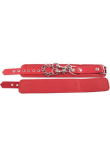 Rouge Plain Leather Adjustable Ankle Cuffs Red showing the red leather design and metal accents for comfortable restraint play.