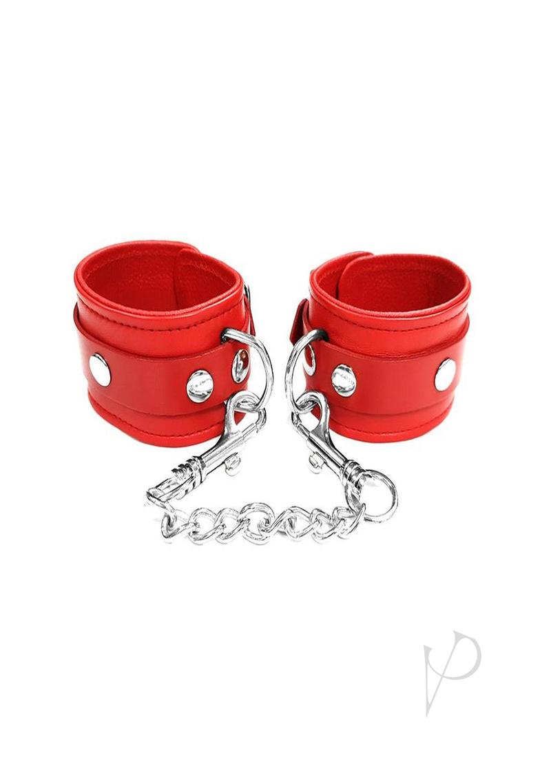 Rouge Plain Leather Adjustable Ankle Cuffs Red featuring padded design and silver metal accents for comfort and style.