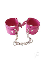 Rouge Plain Leather Adjustable Wrist Cuffs Pink with metal chain connector for intimate play.