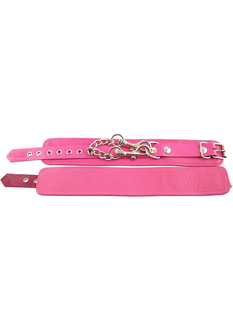 Rouge Plain Leather Adjustable Ankle Cuffs Pink displayed on a white background, featuring a secure buckle and chain detail.