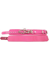 Rouge Plain Leather Adjustable Ankle Cuffs Pink displayed on a white background, featuring a secure buckle and chain detail.