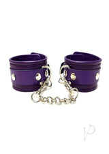 Rouge Plain Leather Adjustable Wrist Cuffs Purple with silver chain and studs for secure restraint.