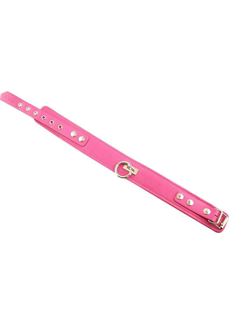Rouge Plain Leather Adjustable Collar 1 Ring Pink displayed in a vibrant pink color with sleek design and shiny ring.