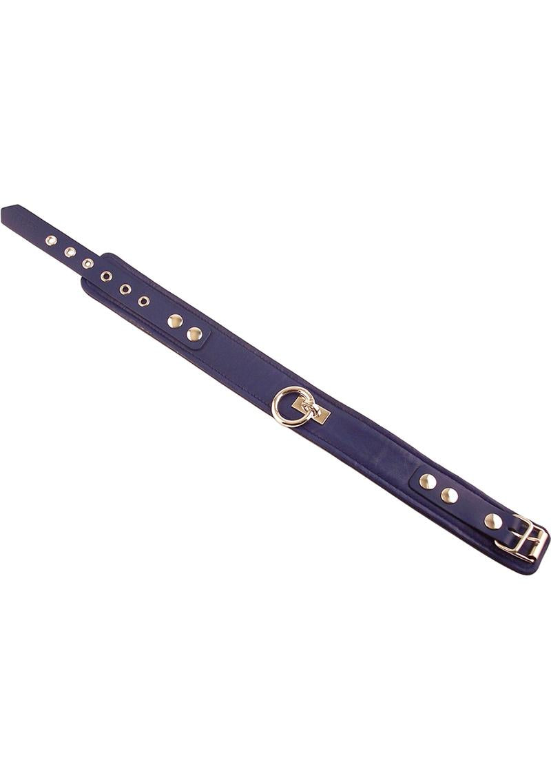 Rouge Plain Leather Adjustable Collar 1 Ring Blue showing durable leather and removable O-Ring for bondage.