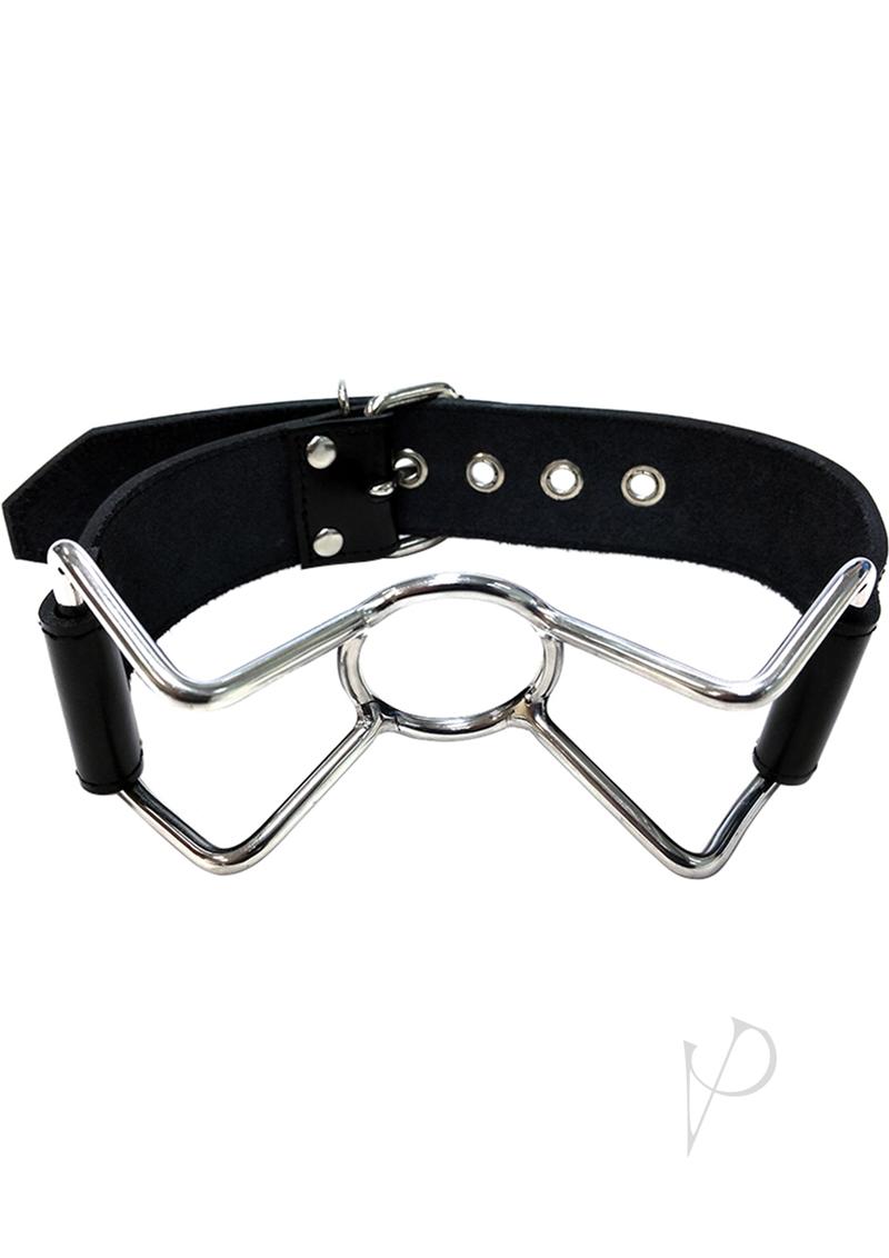 Rouge Leather Adjustable Spider Gag Black with polished stainless steel frame and leather straps for bondage play.