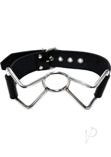 Rouge Leather Adjustable Spider Gag Black with polished stainless steel frame and leather straps for bondage play.