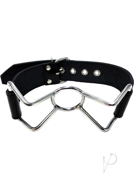 Rouge Leather Adjustable Spider Gag Black with polished stainless steel frame and leather straps for bondage play.