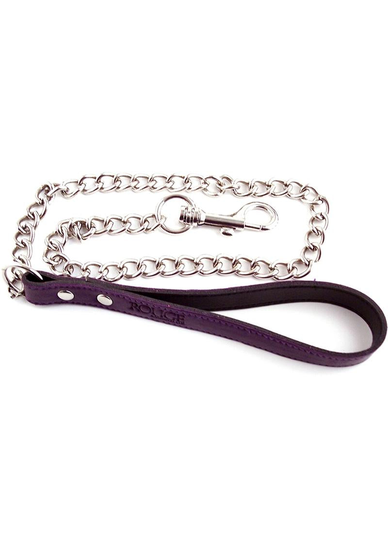 Rouge Leather Lead Chain Leash Purple featuring a purple leather handle and a sturdy metal chain.
