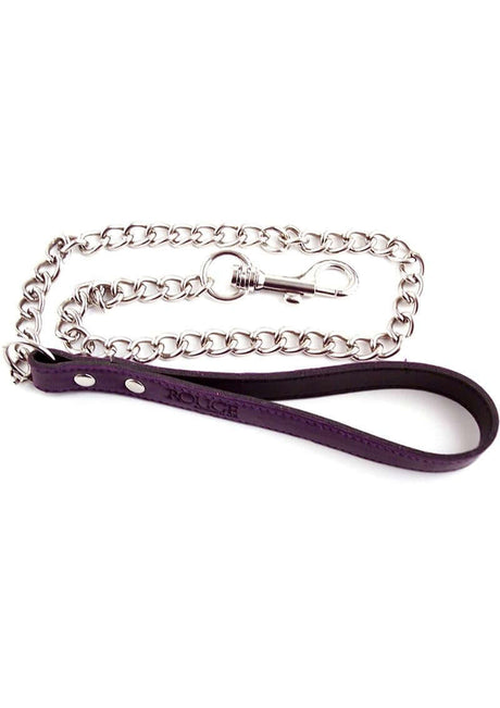Rouge Leather Lead Chain Leash Purple featuring a purple leather handle and a sturdy metal chain.