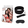 Lux Fetish Collar and Leash Set Adjustable Black packaging with collar, leash, and eye mask included.