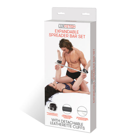 Lux Fetish Expandable Spreader Bar Set with Cuffs packaging displaying adjustable bar and cuffs for restraint play.