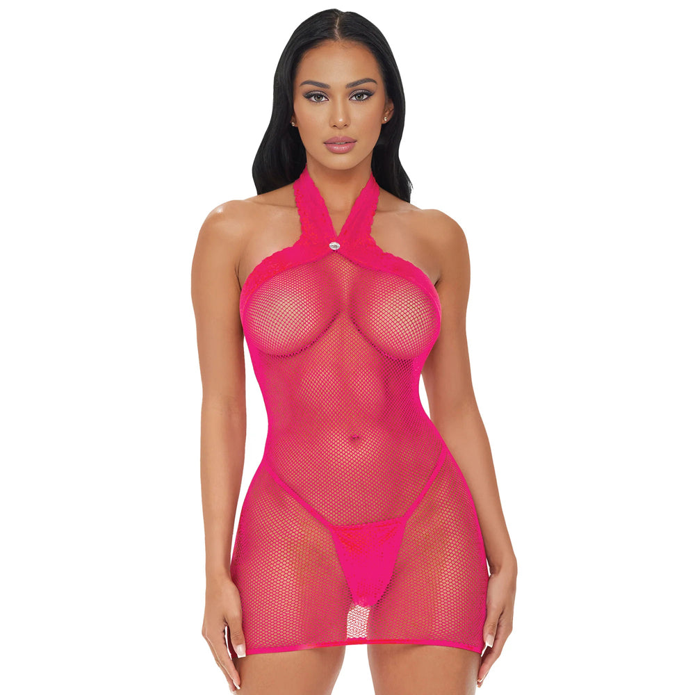 Electric Lingerie Electric Pink Mesh Halter Dress showcasing a bold and alluring silhouette in vibrant pink mesh.