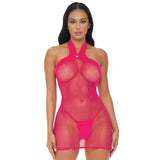 Electric Lingerie Electric Pink Mesh Halter Dress showcasing a bold and alluring silhouette in vibrant pink mesh.