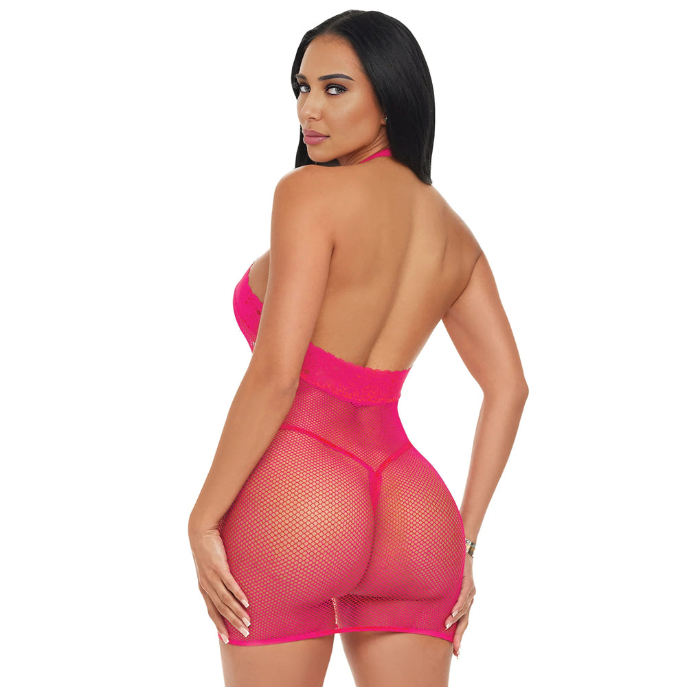 Electric Lingerie Electric Pink Mesh Halter Dress showcased on a model, revealing its bold and flattering silhouette.