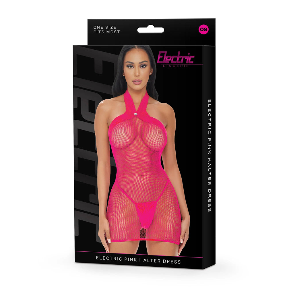 Electric Lingerie Electric Pink Mesh Halter Dress packaging featuring a model in vibrant mesh fabric design.