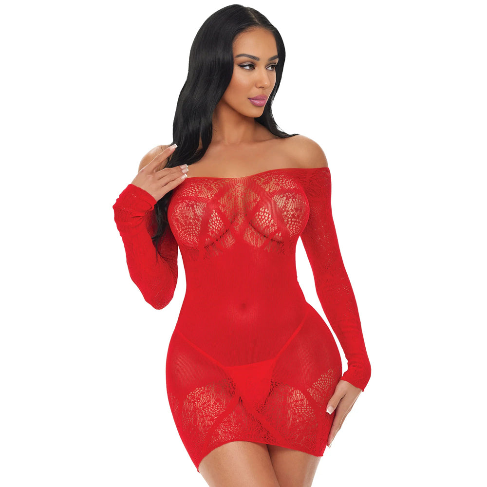 Electric Lingerie Scarlet Seduction Lace Mesh Dress featuring off-the-shoulder long sleeves and figure-hugging silhouette.