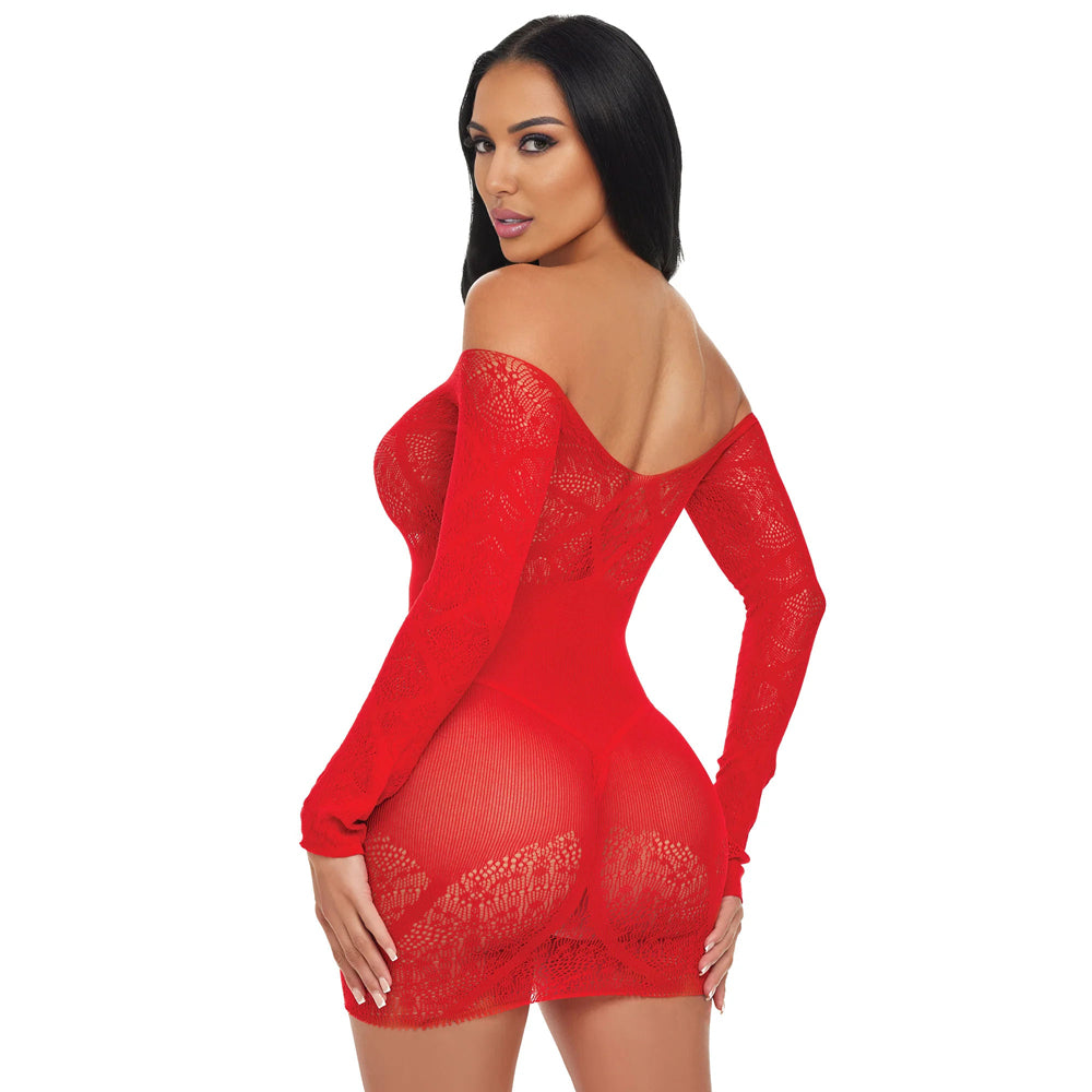Electric Lingerie Scarlet Seduction Lace Mesh Dress showcasing sultry red color and off-the-shoulder design.