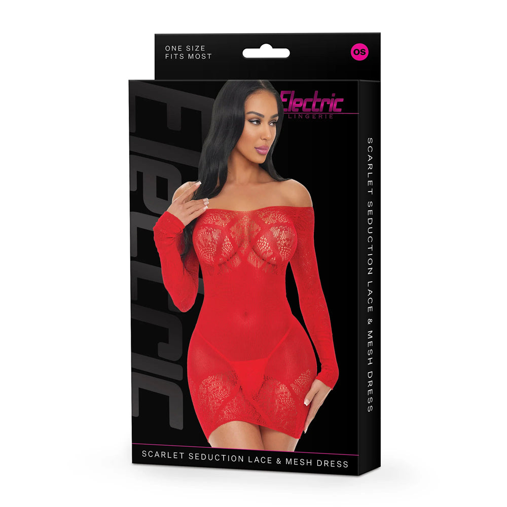 Electric Lingerie Scarlet Seduction Lace Mesh Dress packaging showcasing sultry red off-the-shoulder design.