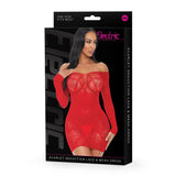Electric Lingerie Scarlet Seduction Lace Mesh Dress packaging showcasing sultry red off-the-shoulder design.