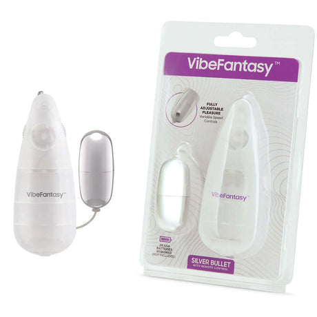 Vibefantasy Silver Bullet With Remote Control in packaging with remote and bullet vibrator displayed.