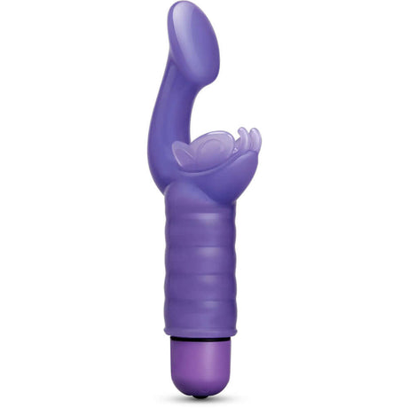 Vibefantasy Butterfly G-spot Kisser Vibrator Purple showcasing its ergonomic design and unique butterfly clitoral tickler.