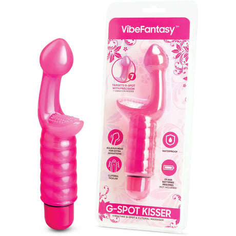 Vibe Fantasy Butterfly G-Spot Kisser Vibrator Pink with packaging and detailed features displayed.