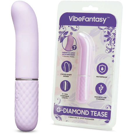 Vibefantasy G-Diamond Tease G-Spot Vibrator with packaging showcasing its features and elegant design.