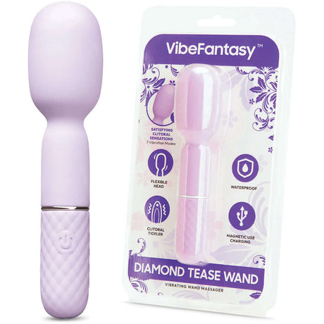 Vibefantasy Diamond Tease Wand Vibrator alongside its packaging, highlighting its waterproof and flexible features.