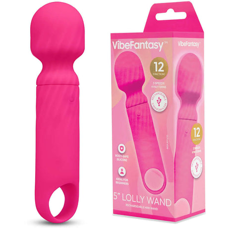 Vibefantasy 5 inch Lolly Wand Rechargeable Mini Wand Pink in packaging with features highlighted.