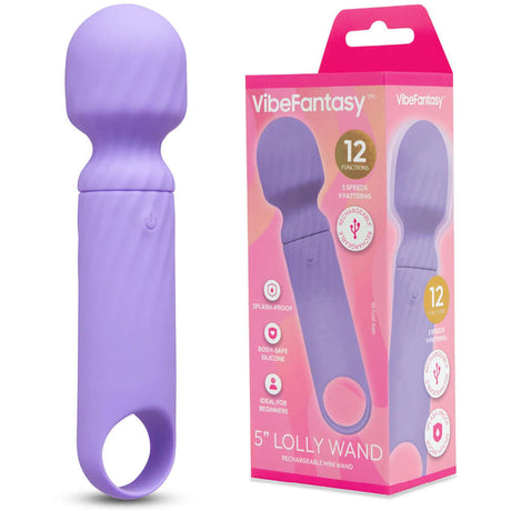 Vibefantasy 5 inch Lolly Wand Rechargeable Mini Wand Purple with packaging showcasing features and design.